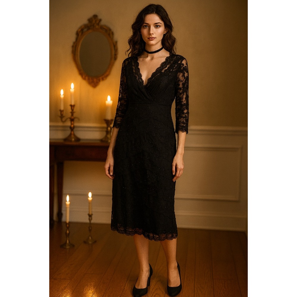 Vintage Marina Dress Womens 8 Black Lace Sequin Whimsigoth Modest Formal